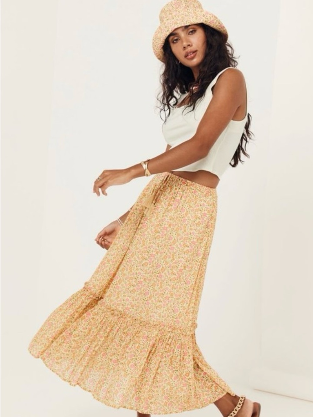 Spell Yellow Floral Tiered Midi Skirt with Drawstring